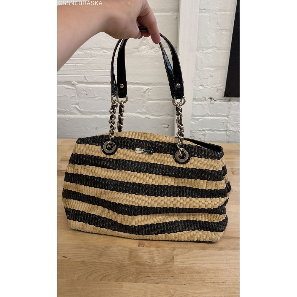 Kate Spade New York Tan Black Striped Woven Straw Tote Bag Gold Chain Shoulder